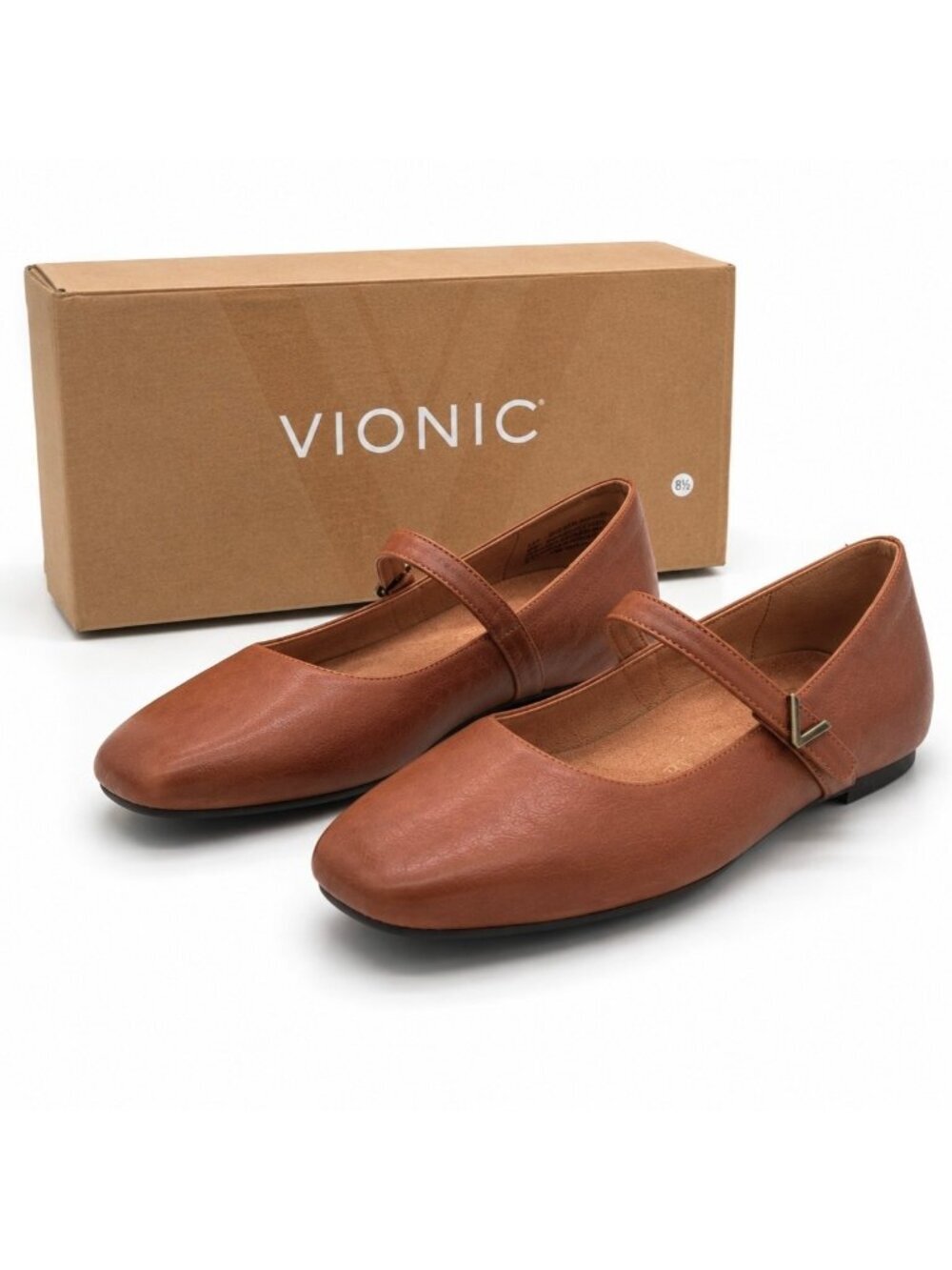 Vionic Alameda Leather Orthotic Mary Jane Flats Women 9.5 WIDE Tan Square Toe